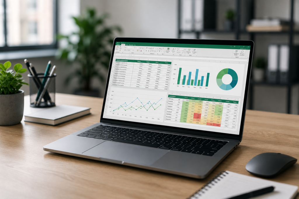 Profesional analizando errores de Excel en una empresa con gráficos en pantalla