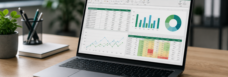 Profesional analizando errores de Excel en una empresa con gráficos en pantalla