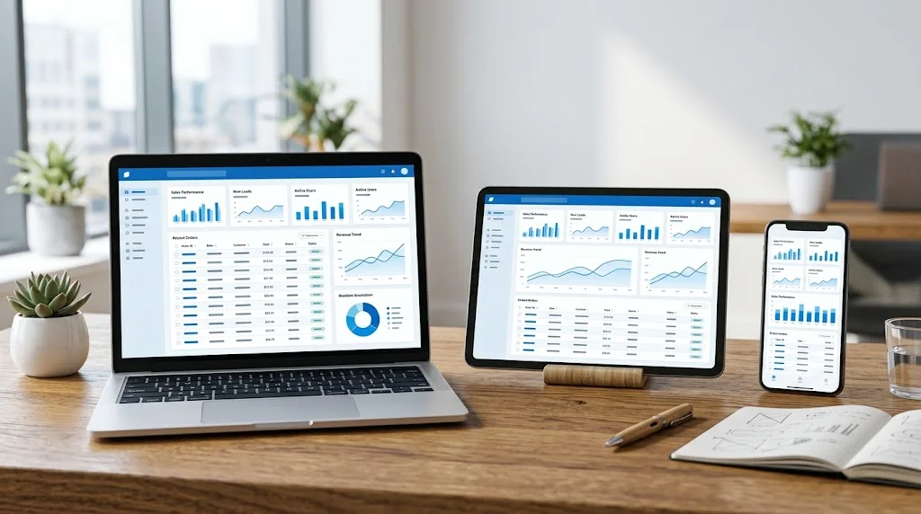 Aplicación web empresarial a medida funcionando en portátil, tablet y móvil con indicadores y pedidos