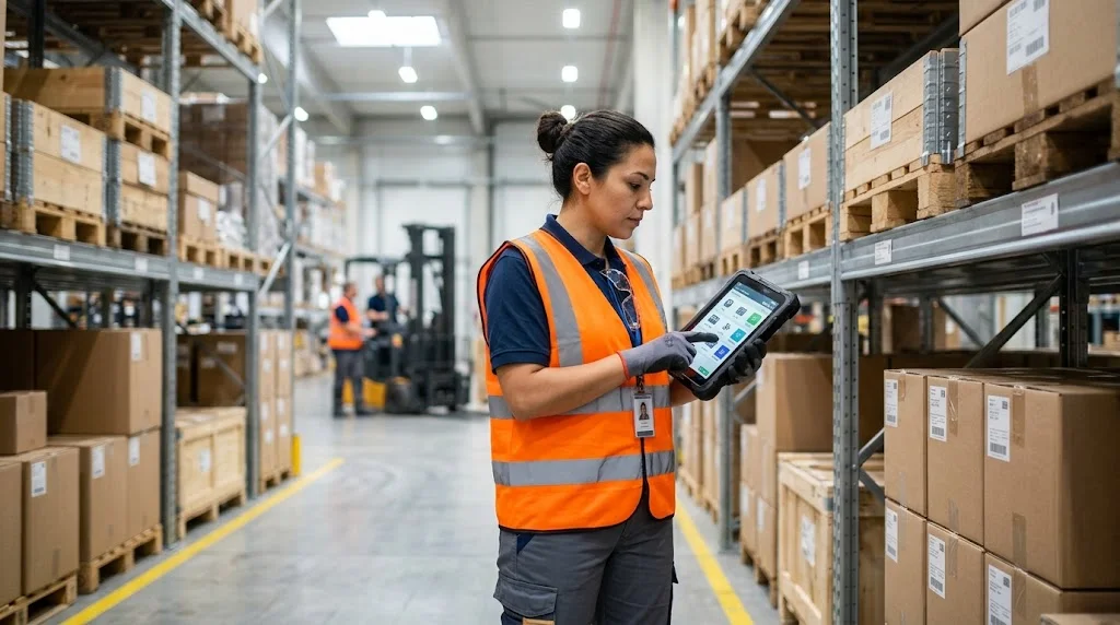 Técnica de almacén registrando inventario con una aplicación empresarial a medida en una tablet