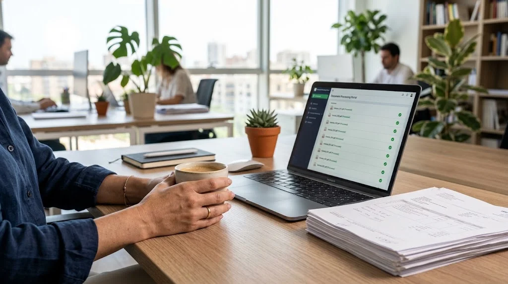 Portátil procesando facturas de forma automática en el departamento de administración y finanzas