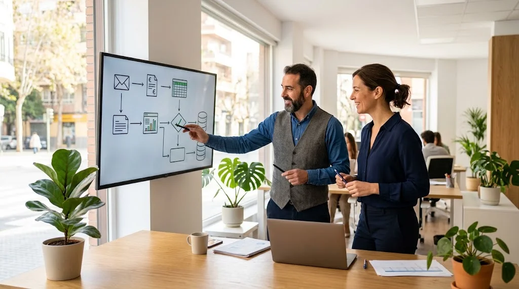 Equipo de una pyme de Valencia revisando un flujo de automatización de procesos empresariales en un monitor