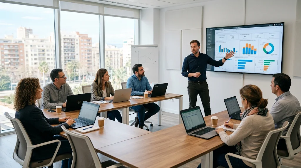 Formador explicando un cuadro de mando de Power BI a un grupo de profesionales en una sesión de consultoría en Valencia