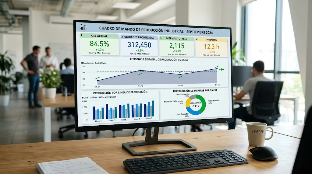 Cuadro de mando de Power BI de producción industrial con KPI de OEE, unidades producidas, mermas y paradas
