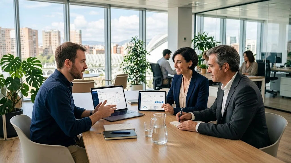 Desarrollo de aplicaciones empresariales en Valencia: consultor mostrando el prototipo de una app a medida a dos responsables de empresa