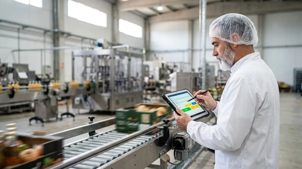 Operario de una empresa agroalimentaria de Valencia registrando datos de producción en una tablet en lugar de papel