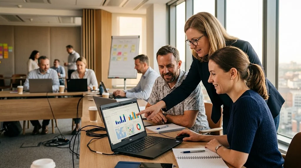 Formadora ayudando a dos alumnos a crear gráficos en Power BI durante un taller práctico de formación en Valencia